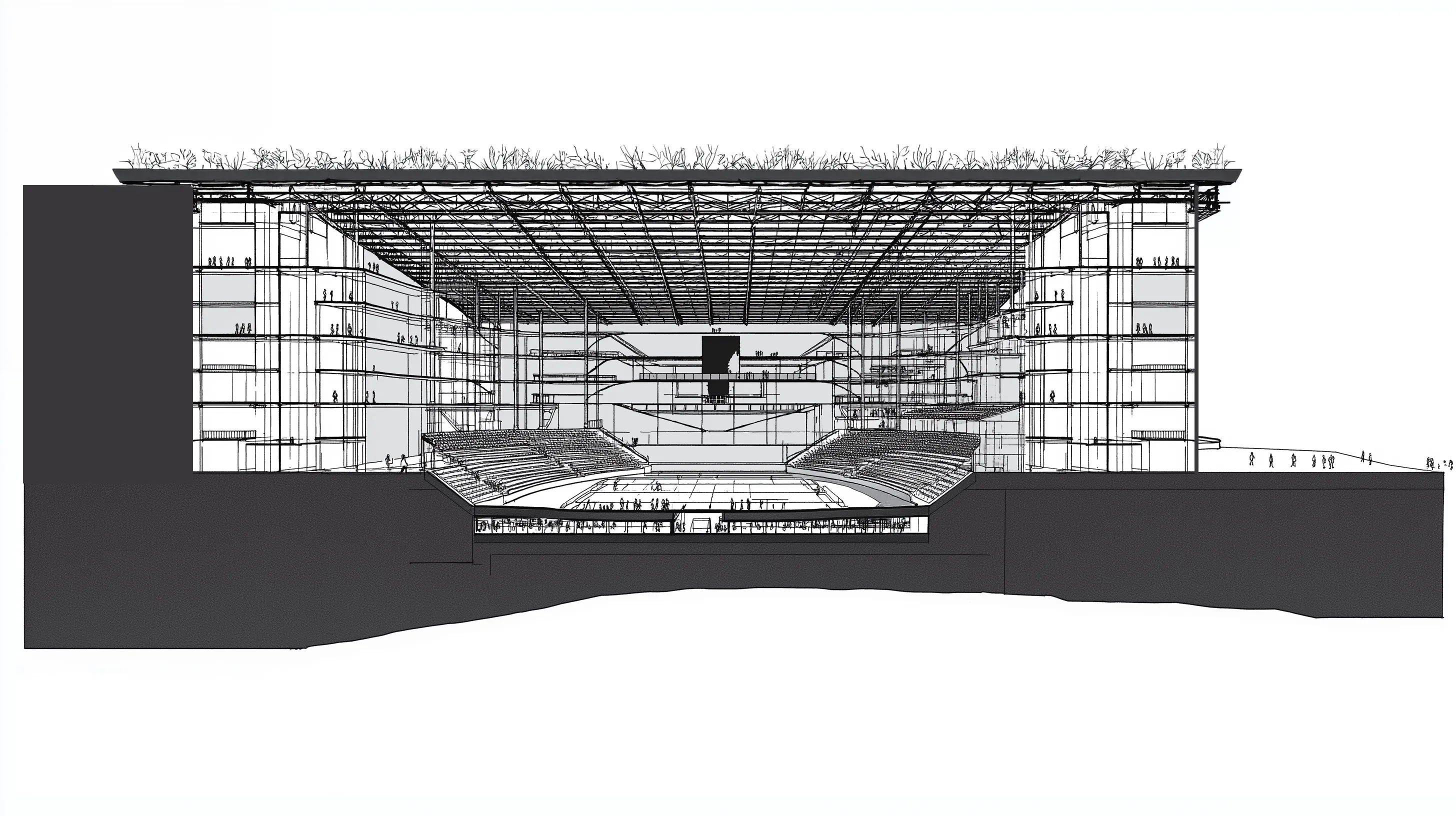 Cross-section rendering showing The Block's six levels and rooftop park