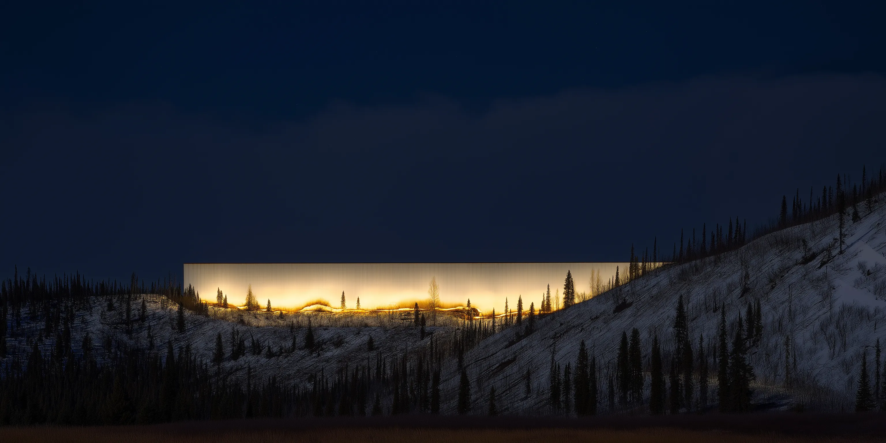 Exterior rendering of The Block at twilight, earth-sheltered in the Fairbanks landscape